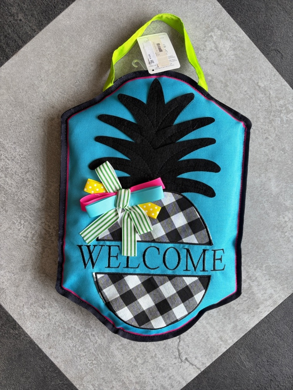 NWT Turquoise Pineapple Welcome Door Hanger with Multi-Colored Bow